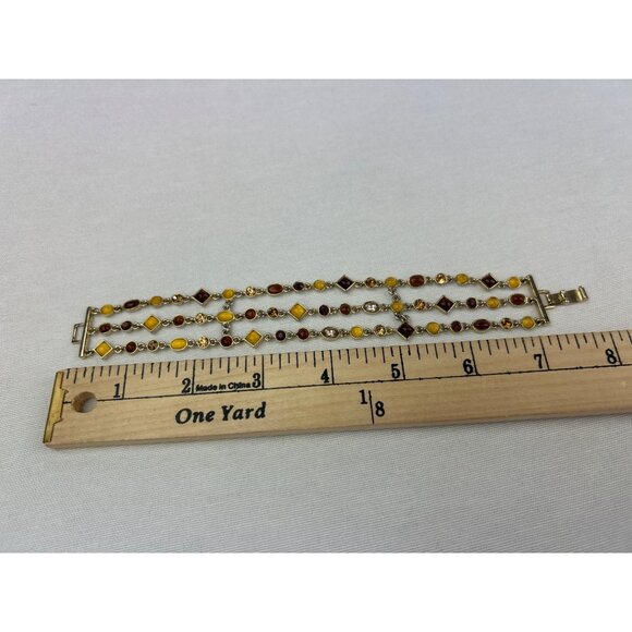 Gold Tone Triple Strand Bracelet Amber Honey Brown Color Gemstones - Picture 6 of 6